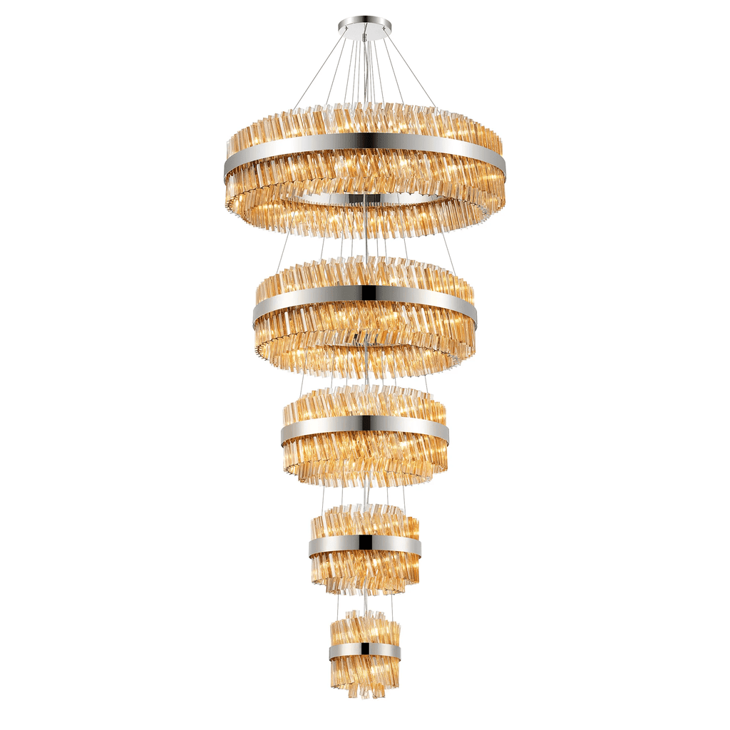 Hampton 5 Tier 90 Light Ceiling Pendant Light In Polished Nickel With Amber Glass