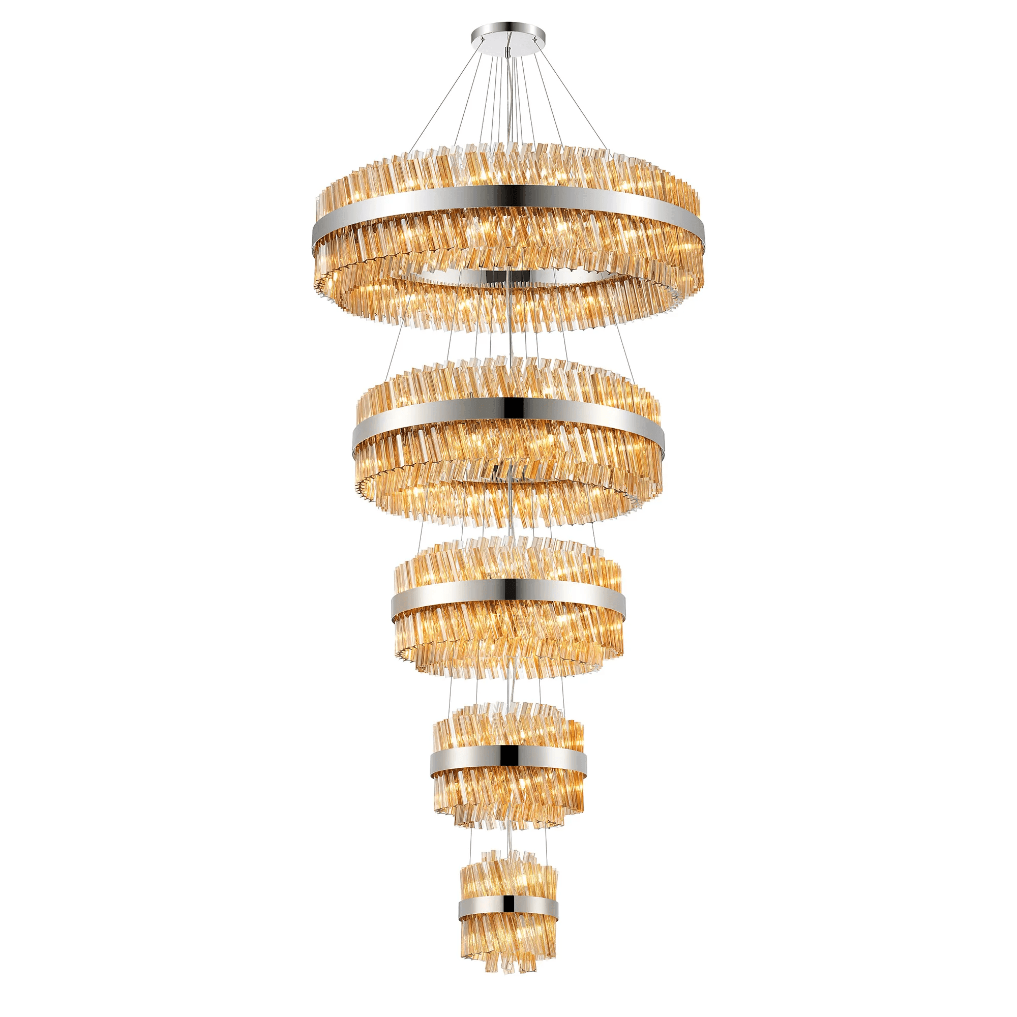 Hampton 5 Tier 90 Light Ceiling Pendant Light In Polished Nickel With Amber Glass