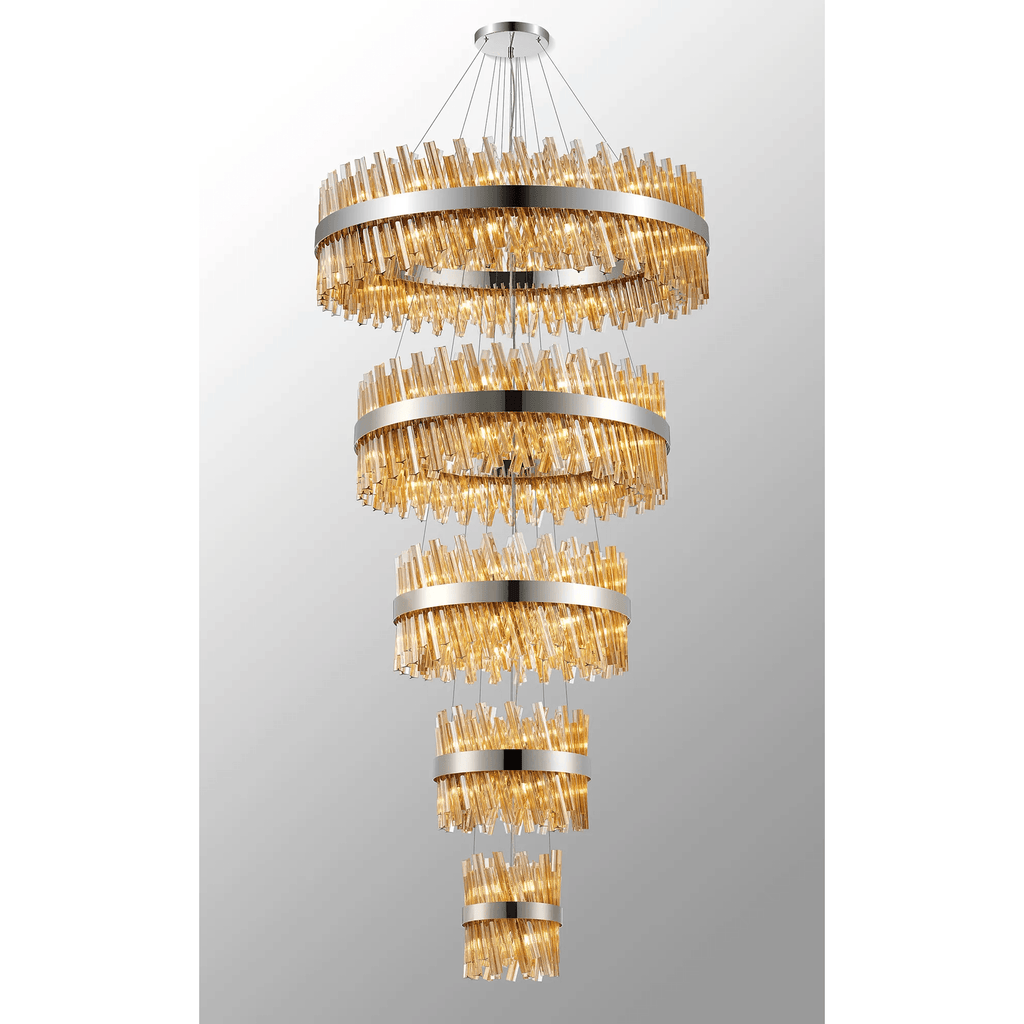 Hampton 5 Tier 90 Light Ceiling Pendant Light In Polished Nickel With Amber Glass