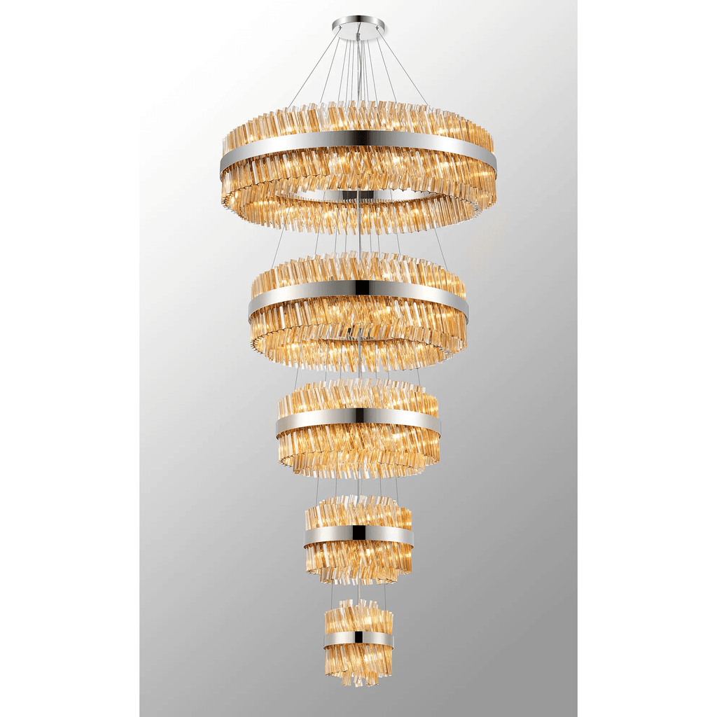 Hampton 5 Tier 90 Light Ceiling Pendant Light In Polished Nickel With Amber Glass