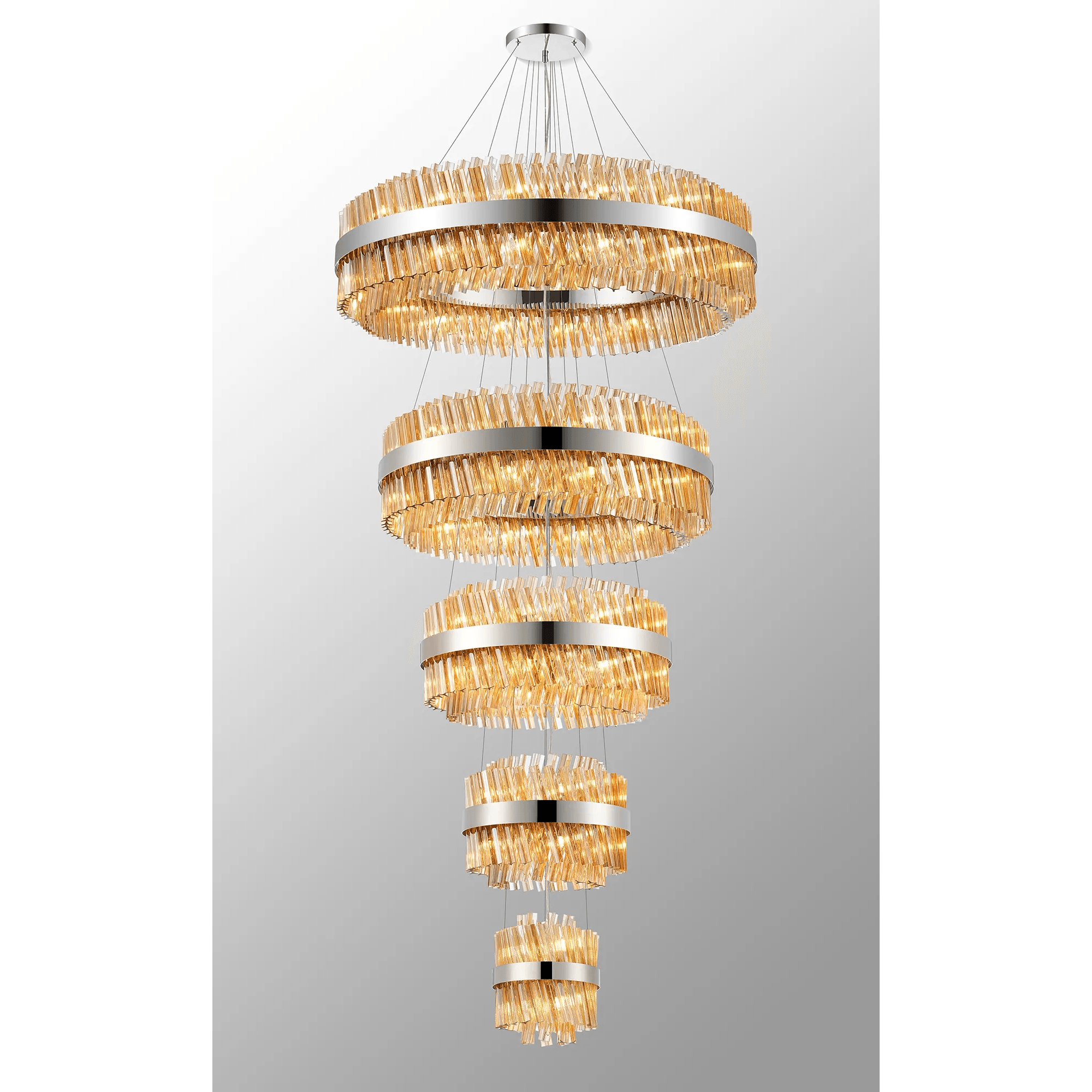 Hampton 5 Tier 90 Light Ceiling Pendant Light In Polished Nickel With Amber Glass