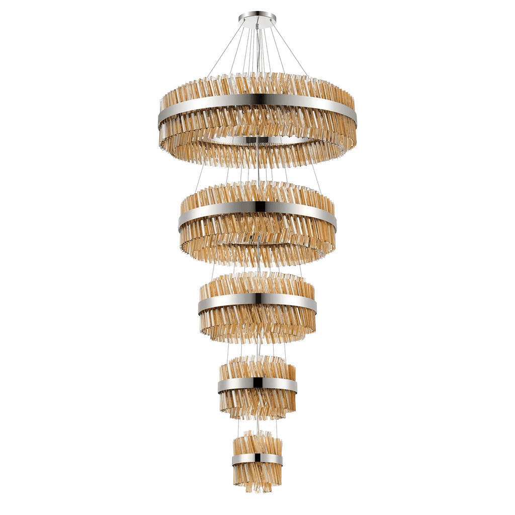 Hampton 5 Tier 90 Light Ceiling Pendant Light In Polished Nickel With Amber Glass
