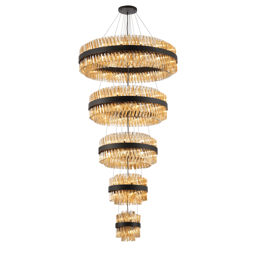 Hampton 5 Tier 90 Light Ceiling Pendant Light In Satin Black With Amber Glass