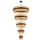 Hampton 5 Tier 90 Light Ceiling Pendant Light In Satin Black With Amber Glass