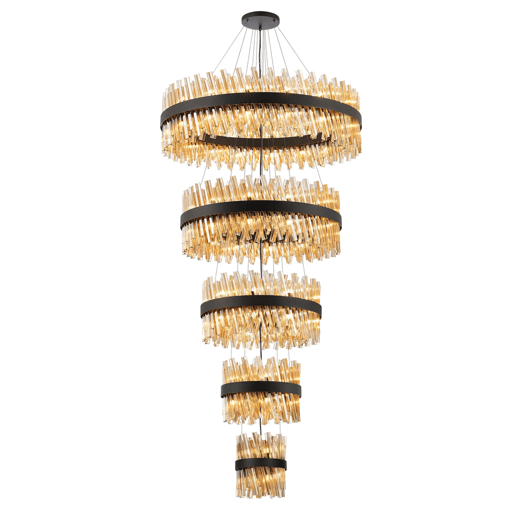 Hampton 5 Tier 90 Light Ceiling Pendant Light In Satin Black With Amber Glass