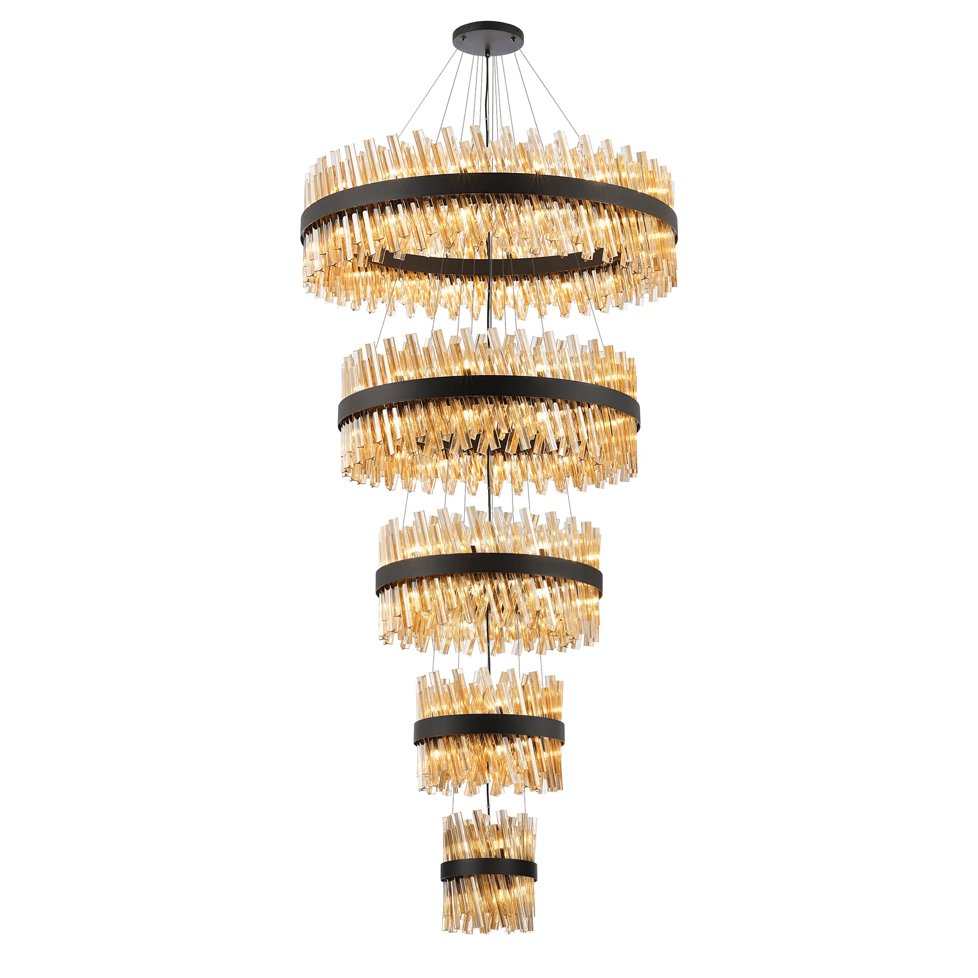 Hampton 5 Tier 90 Light Ceiling Pendant Light In Satin Black With Amber Glass