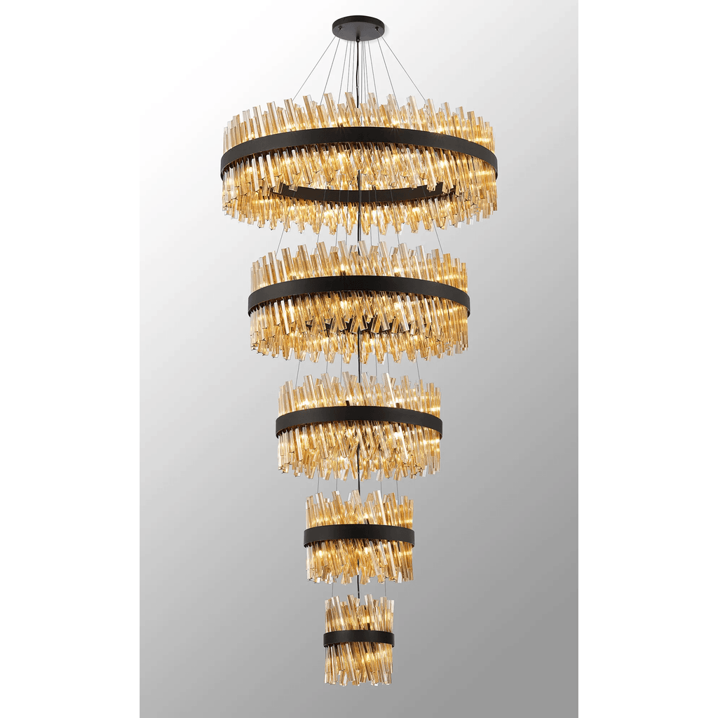 Hampton 5 Tier 90 Light Ceiling Pendant Light In Satin Black With Amber Glass