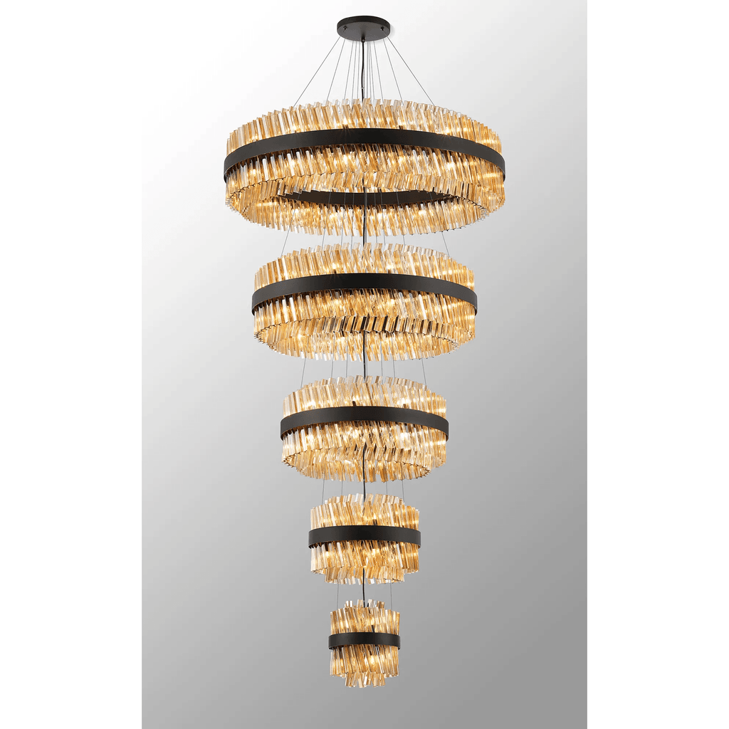 Hampton 5 Tier 90 Light Ceiling Pendant Light In Satin Black With Amber Glass