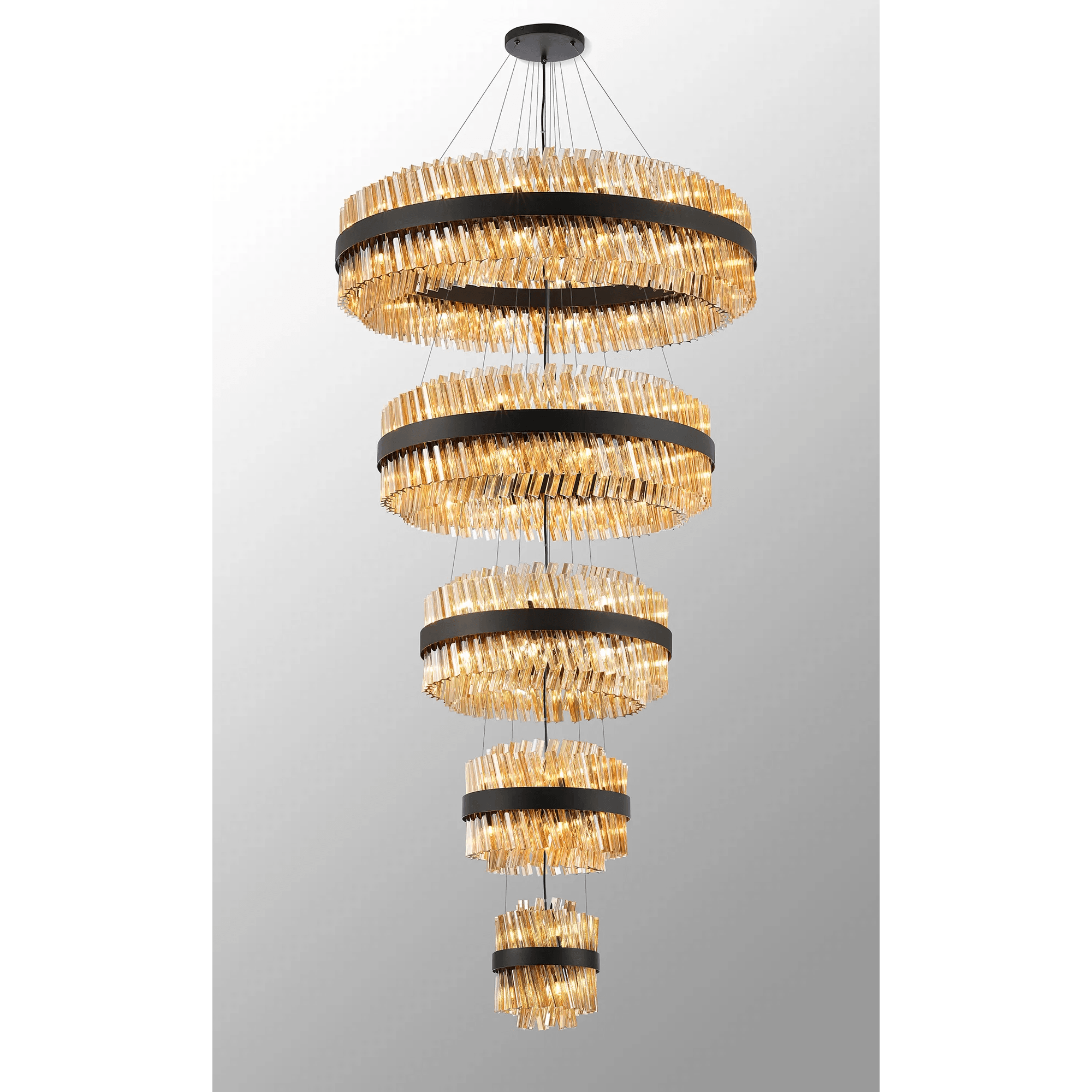 Hampton 5 Tier 90 Light Ceiling Pendant Light In Satin Black With Amber Glass