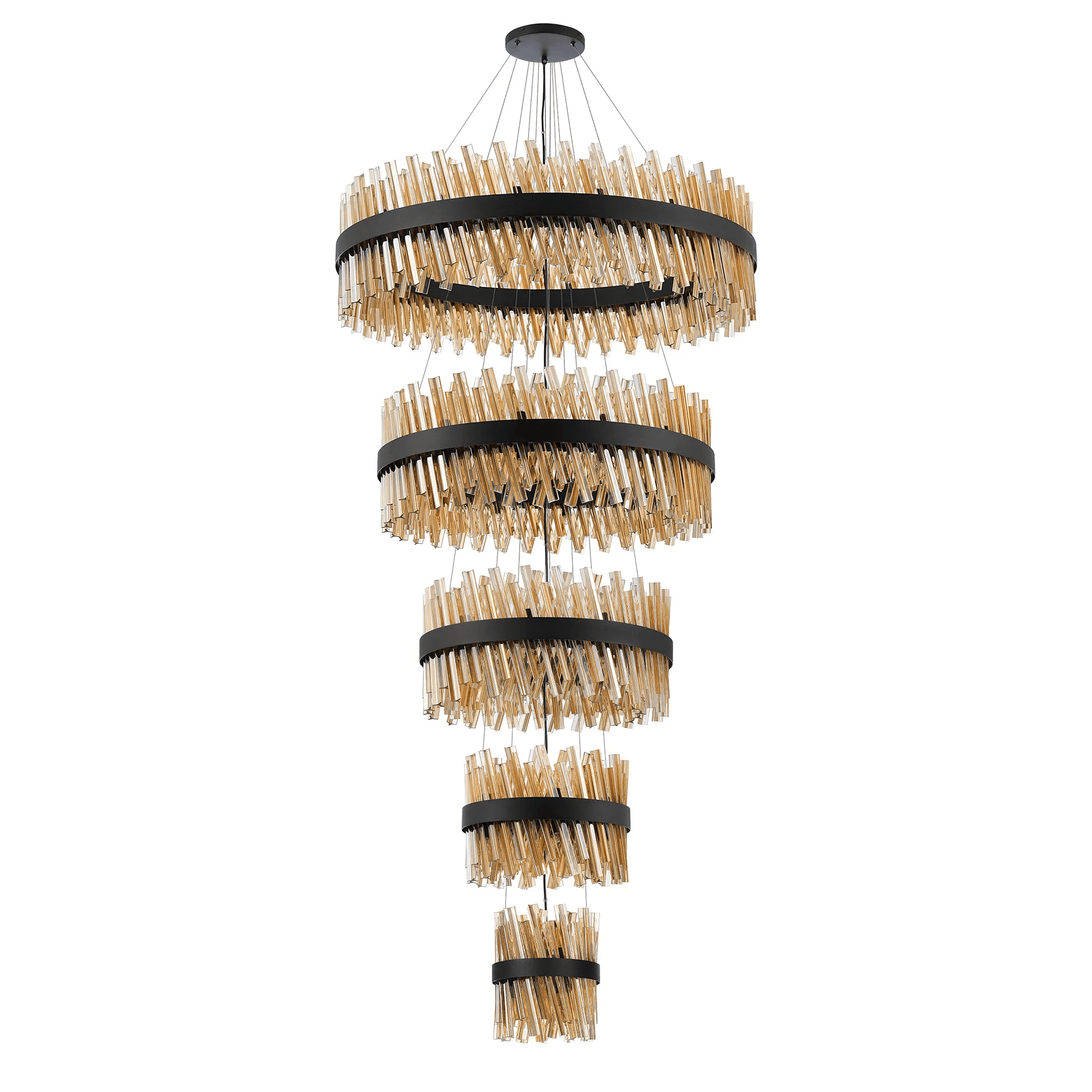 Hampton 5 Tier 90 Light Ceiling Pendant Light In Satin Black With Amber Glass