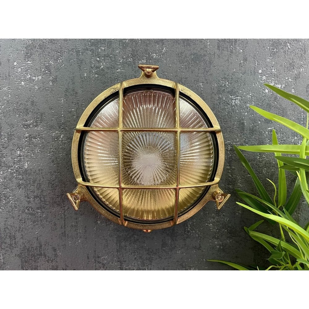 Jetty Small Coastal Round Wall Lantern In Raw Brass Finish