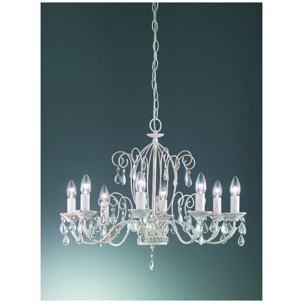 8 Light Ceiling Pendant In White Ironwork With Gold Hightlights And Crystals