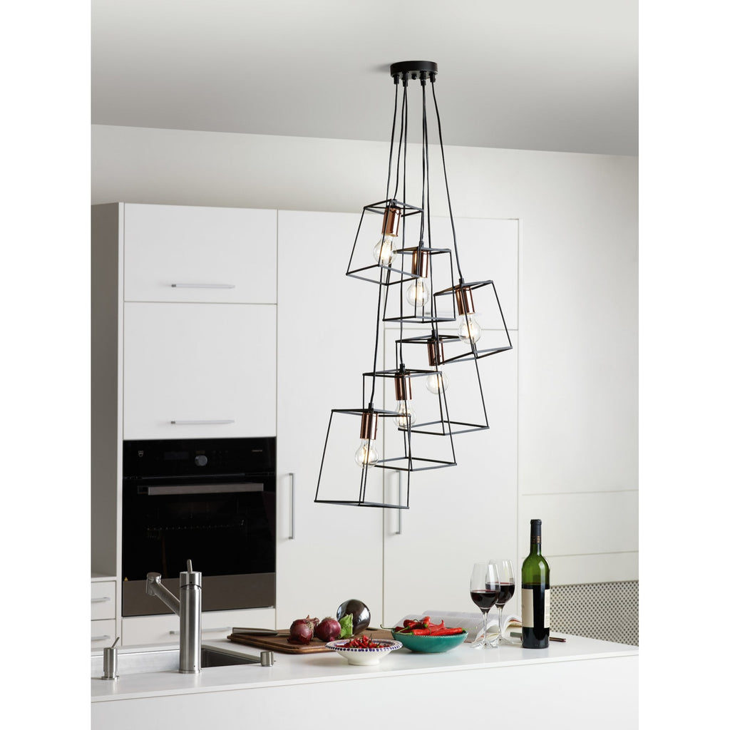 Tower 6 Light Cluster Ceiling Pendant in Matt Black with Copper Lamp Holders TOW0622