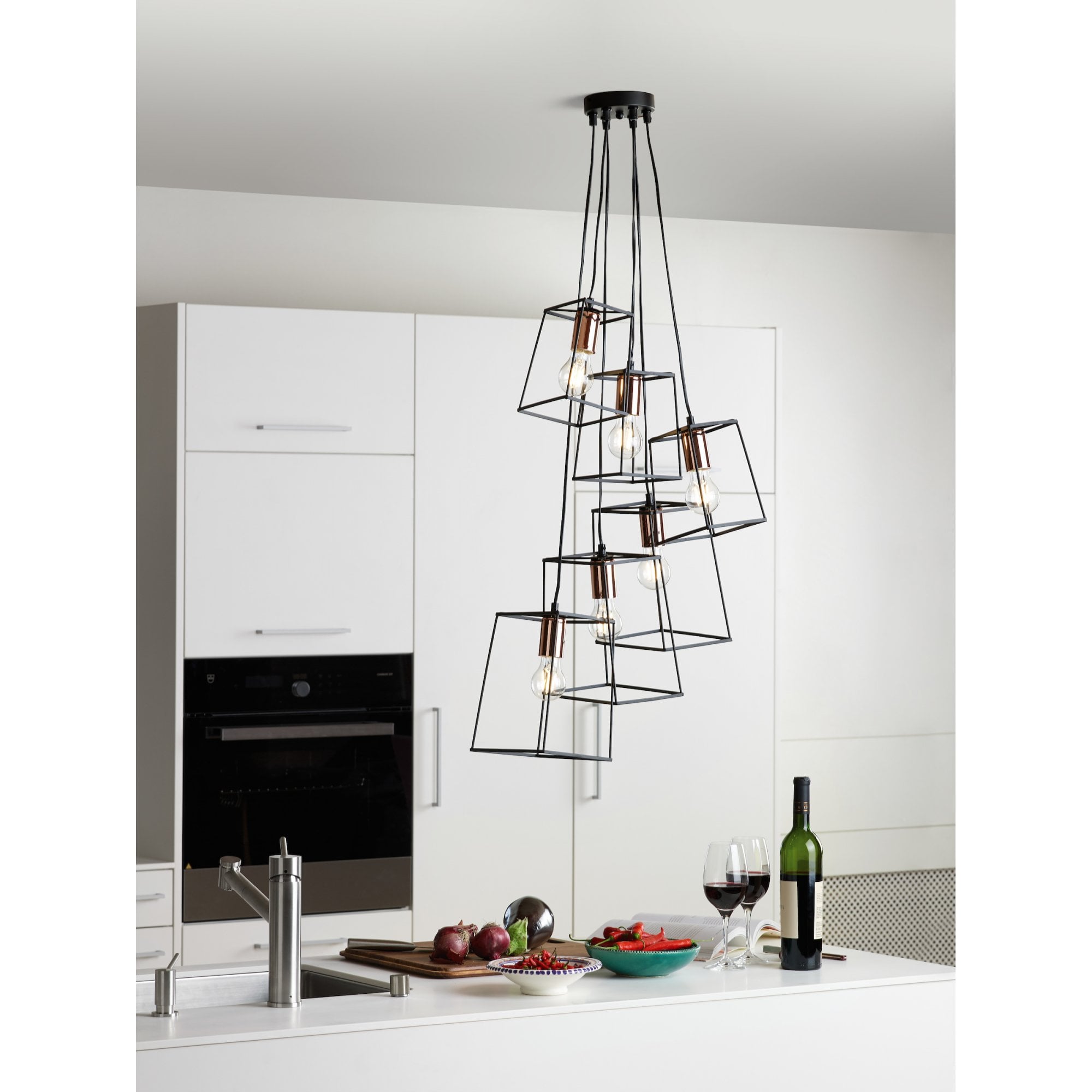 Tower 6 Light Cluster Ceiling Pendant in Matt Black with Copper Lamp Holders TOW0622