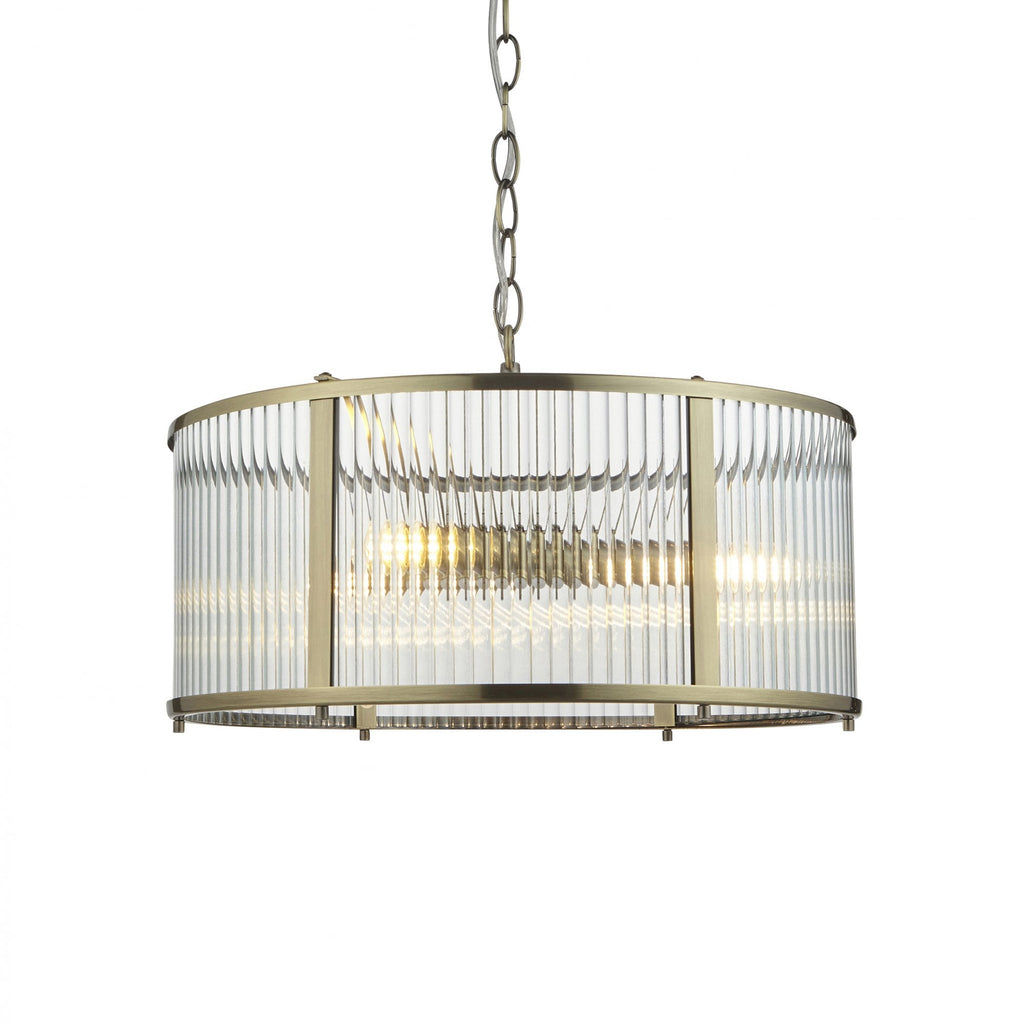 Ridgeton 3 Light Ceiling Pendant Light In Antique Brass With Ribbed Glass 106282