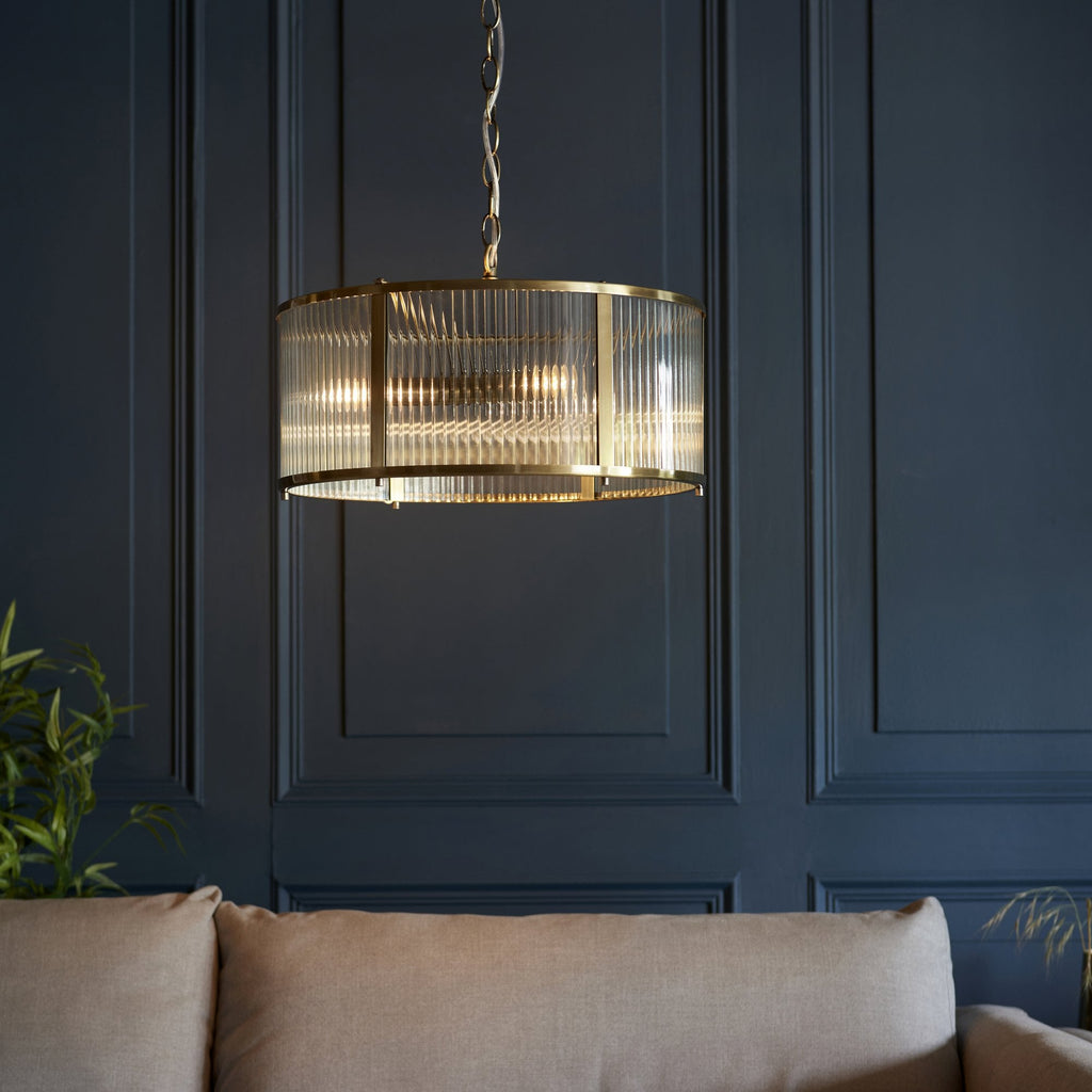 Ridgeton 3 Light Ceiling Pendant Light In Antique Brass With Ribbed Glass 106282