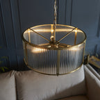 Ridgeton 3 Light Ceiling Pendant Light In Antique Brass With Ribbed Glass 106282
