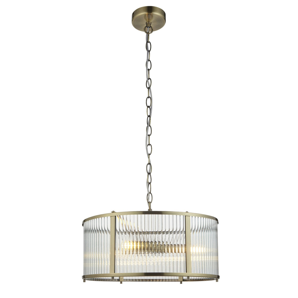 Ridgeton 3 Light Ceiling Pendant Light In Antique Brass With Ribbed Glass 106282