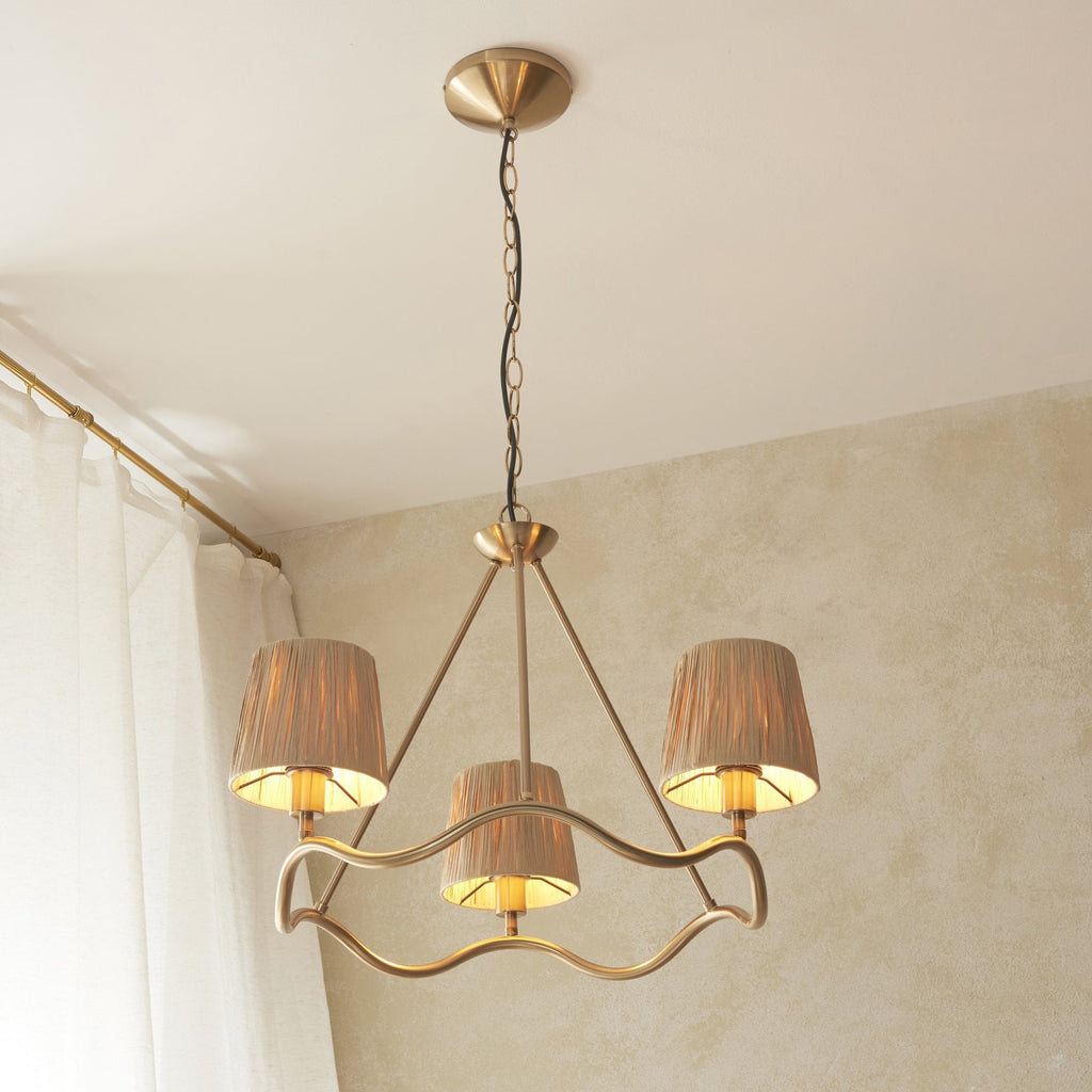 Wriggle 3 Light Ceiling Pendant In Aged Brass Finish With Raffia Shades 114213