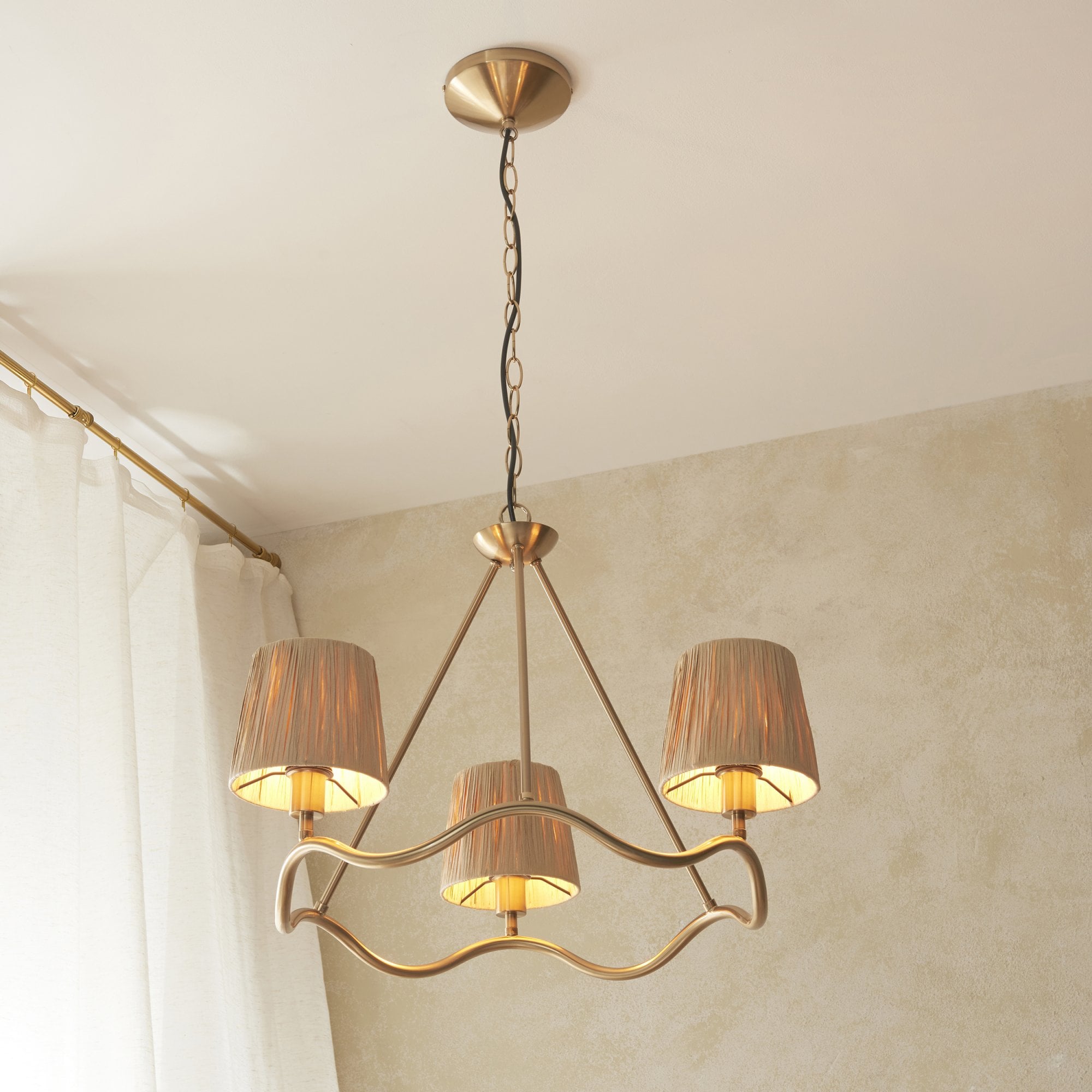 Wriggle 3 Light Ceiling Pendant In Aged Brass Finish With Raffia Shades 114213
