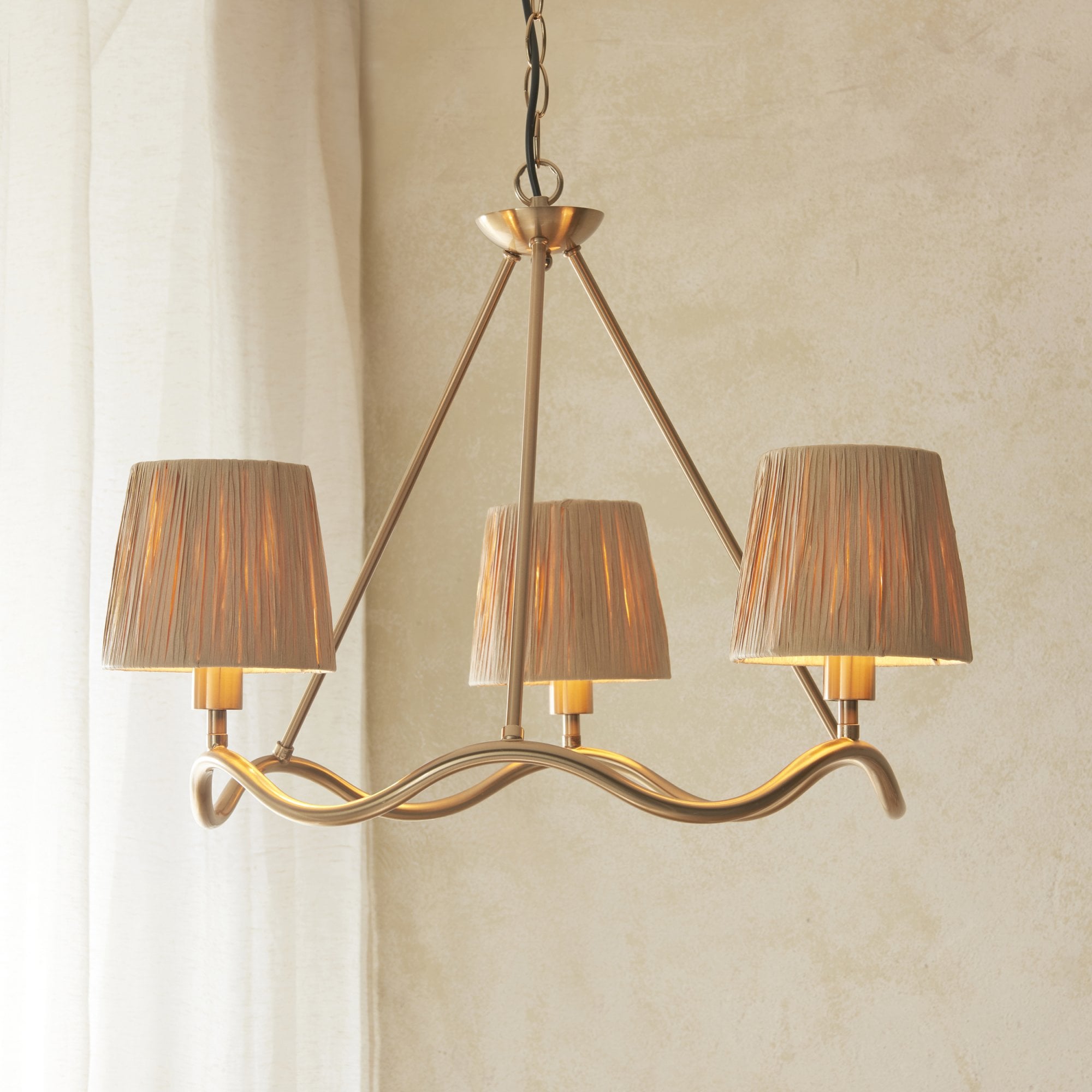 Wriggle 3 Light Ceiling Pendant In Aged Brass Finish With Raffia Shades 114213
