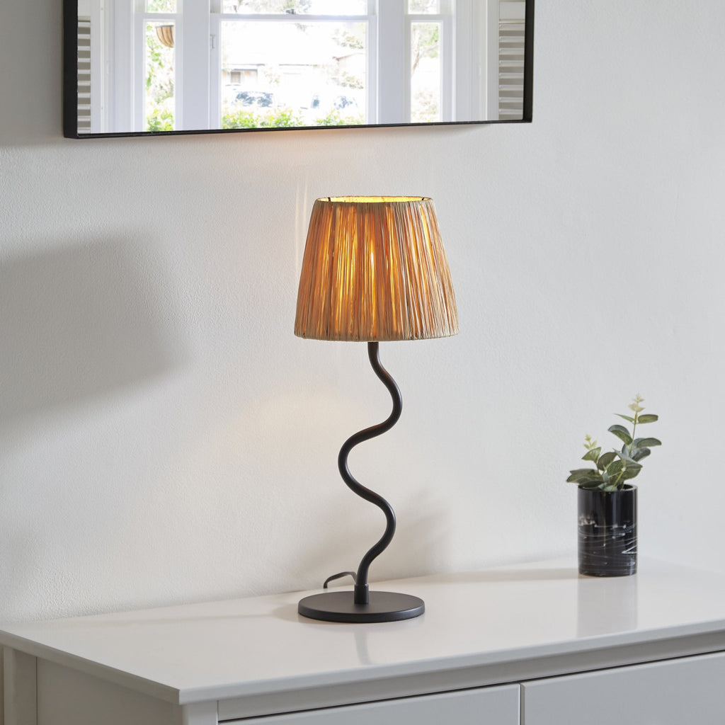 Wriggle Table Lamp In Matt Black Finish With Raffia Shade 100958