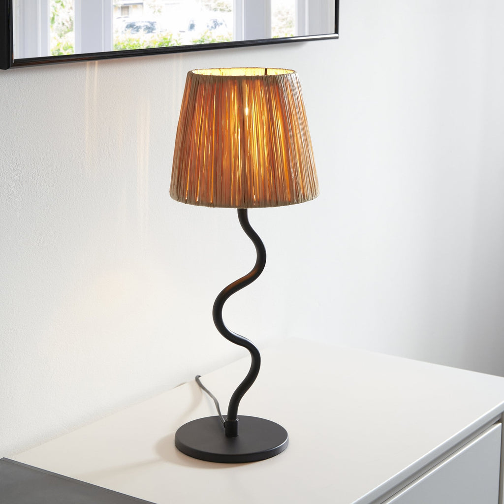 Wriggle Table Lamp In Matt Black Finish With Raffia Shade 100958