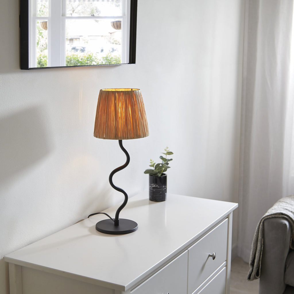 Wriggle Table Lamp In Matt Black Finish With Raffia Shade 100958