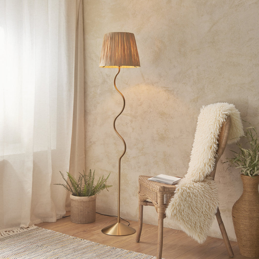 Wriggle Floor Lamp In Aged Brass Finish With Raffia Shade 114224