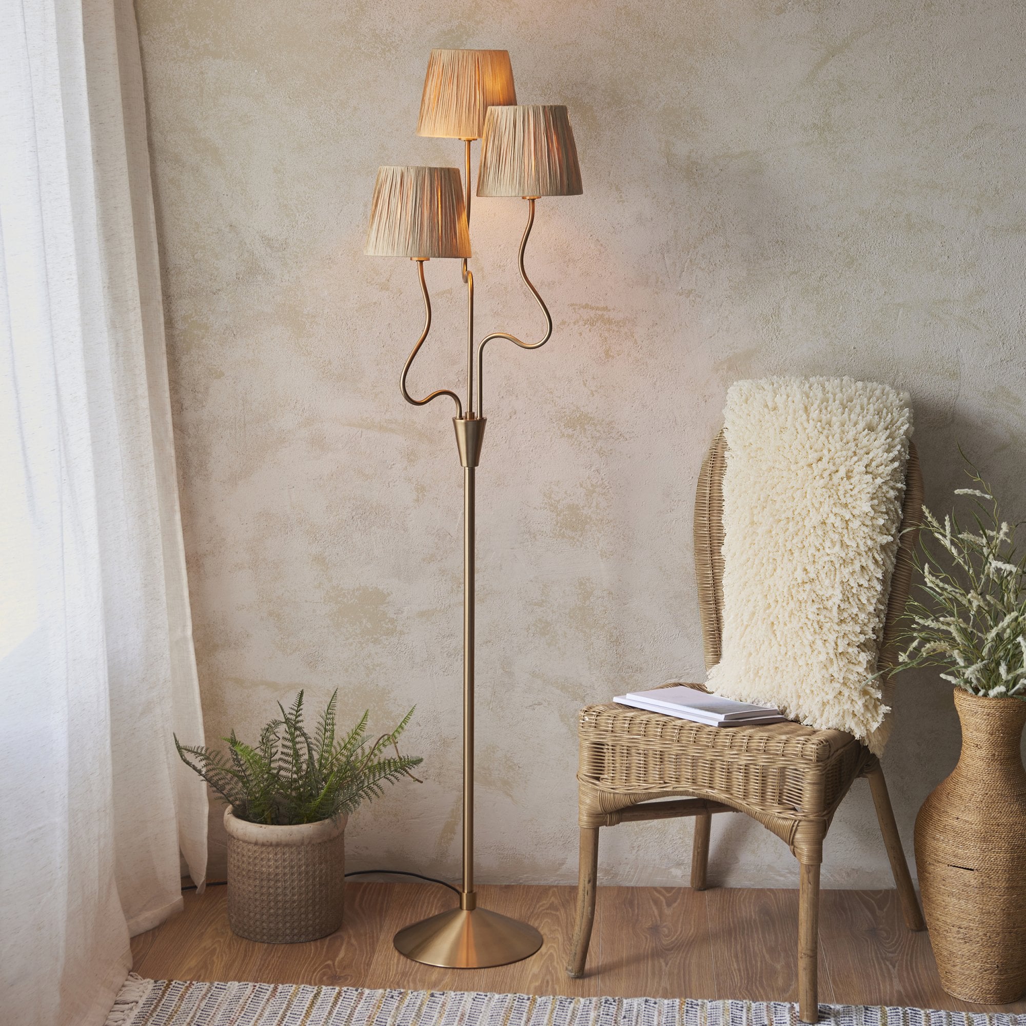 Wriggle 3 Light Floor Lamp In Aged Brass Finish With Raffia Shades 114222