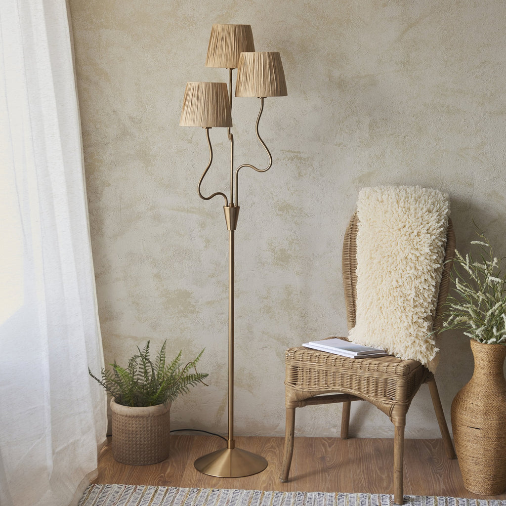 Wriggle 3 Light Floor Lamp In Aged Brass Finish With Raffia Shades 114222