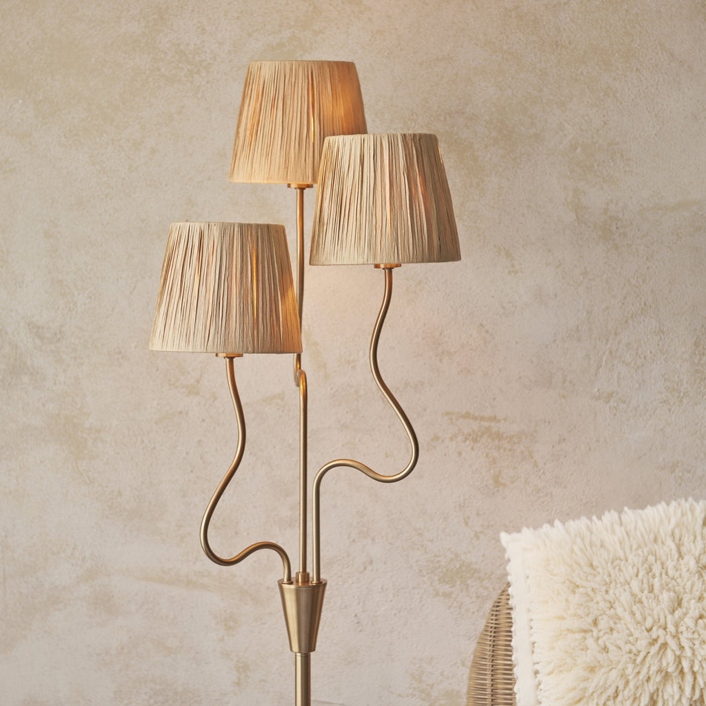Wriggle 3 Light Floor Lamp In Aged Brass Finish With Raffia Shades 114222