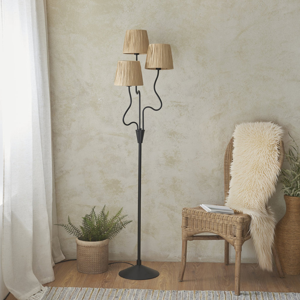 Wriggle 3 Light Floor Lamp In Matt Black Finish With Raffia Shades 114221