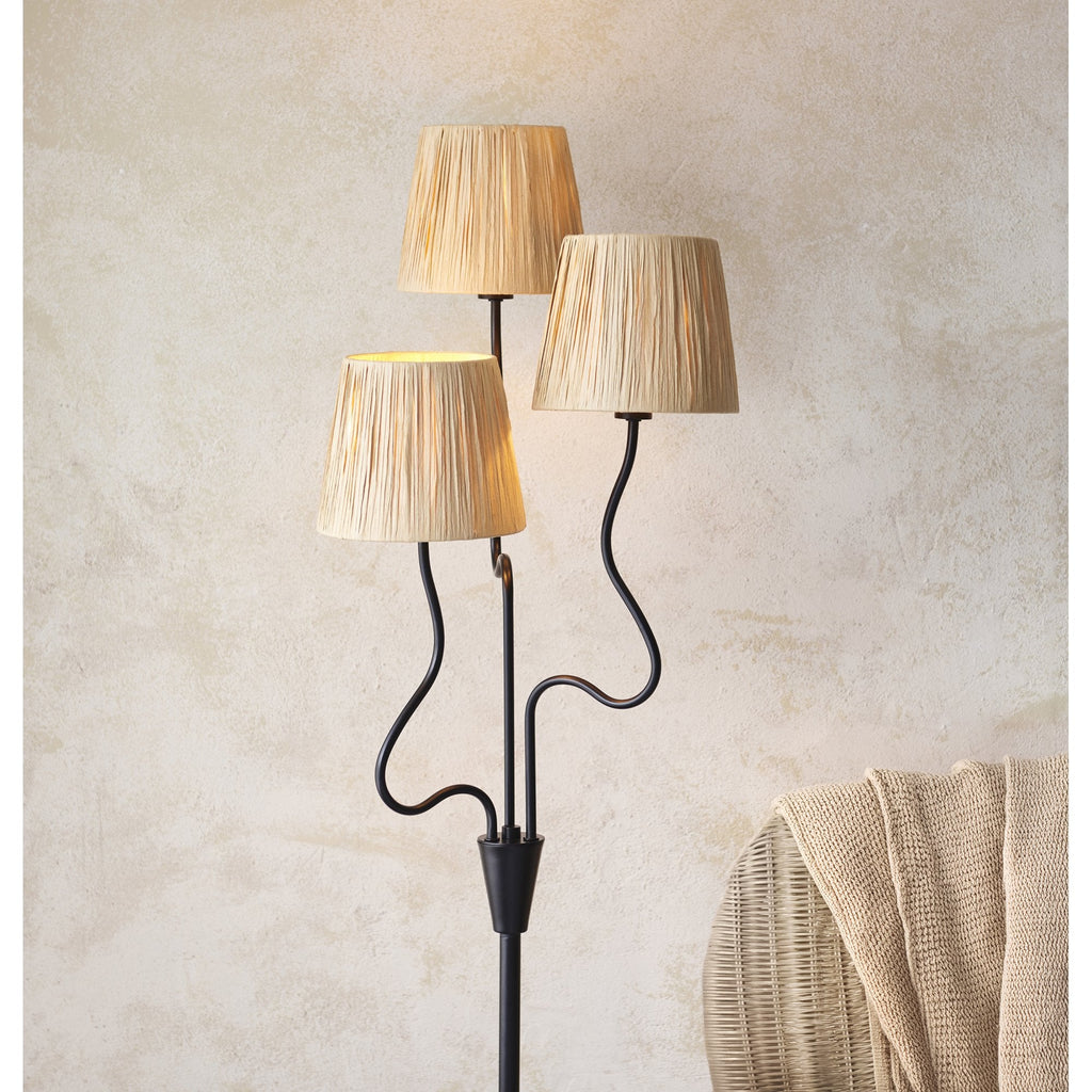 Wriggle 3 Light Floor Lamp In Matt Black Finish With Raffia Shades 114221