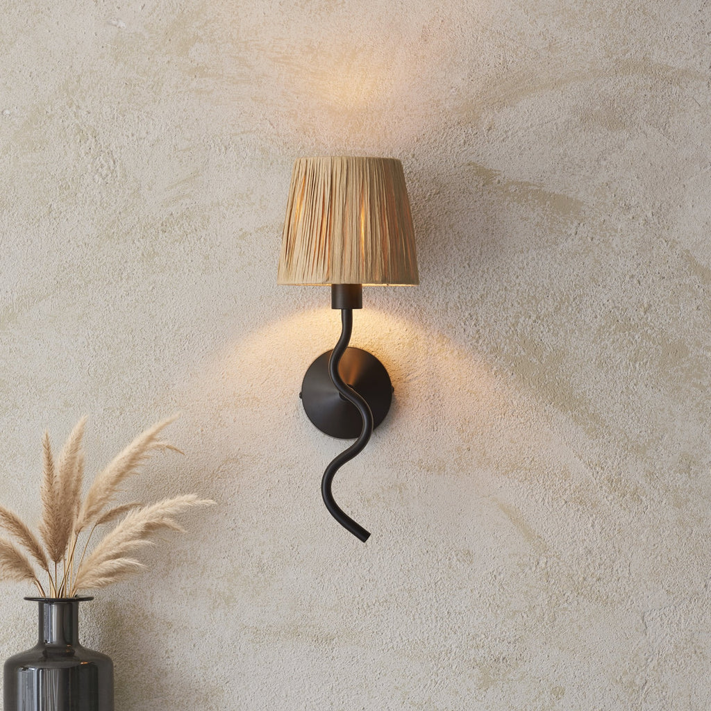 Wriggle Wall Light In Matt Black Finish With Raffia Shade 114226