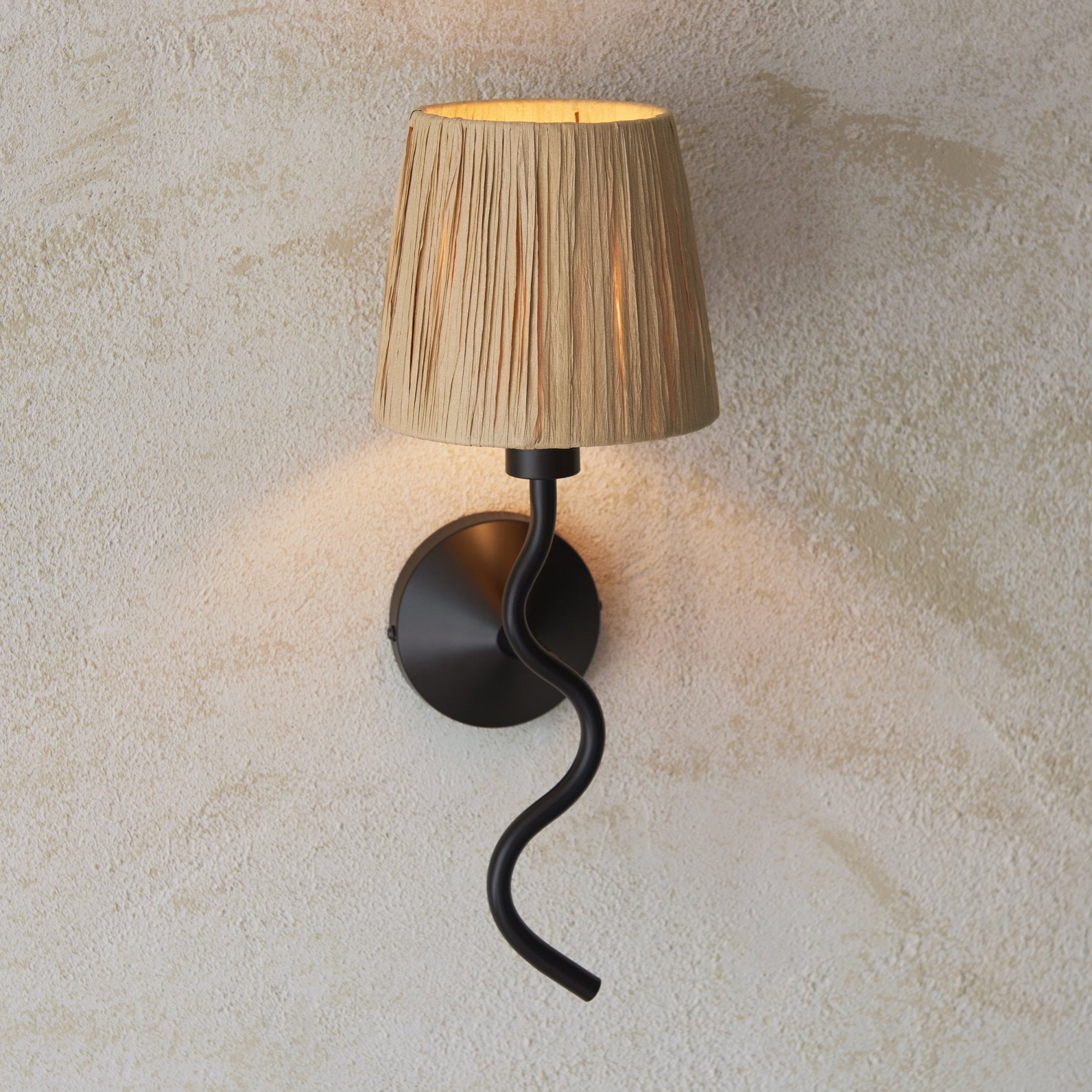 Wriggle Wall Light In Matt Black Finish With Raffia Shade 114226