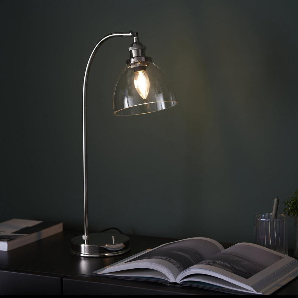 Hansen Retro Table Lamp In Bright Nickel Finish With Clear Glass Shade 97590
