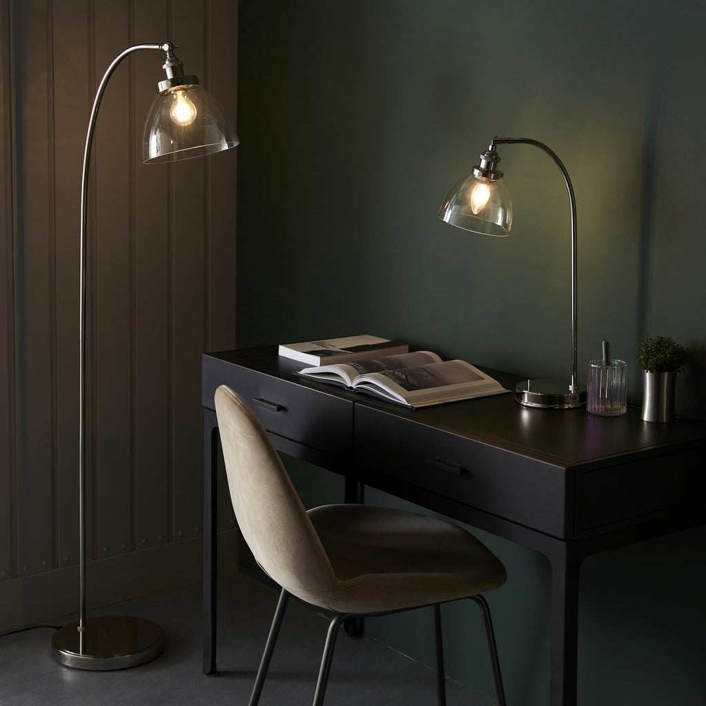 Hansen Retro Table Lamp In Bright Nickel Finish With Clear Glass Shade 97590