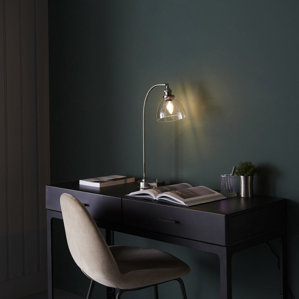 Hansen Retro Table Lamp In Bright Nickel Finish With Clear Glass Shade 97590
