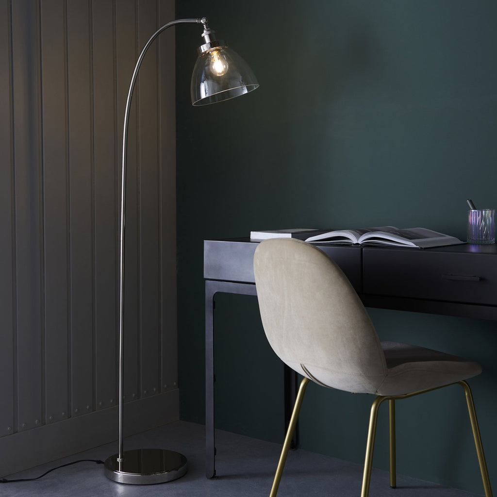 Hansen Retro Floor Lamp In Bright Nickel Finish With Clear Glass Shade 97591