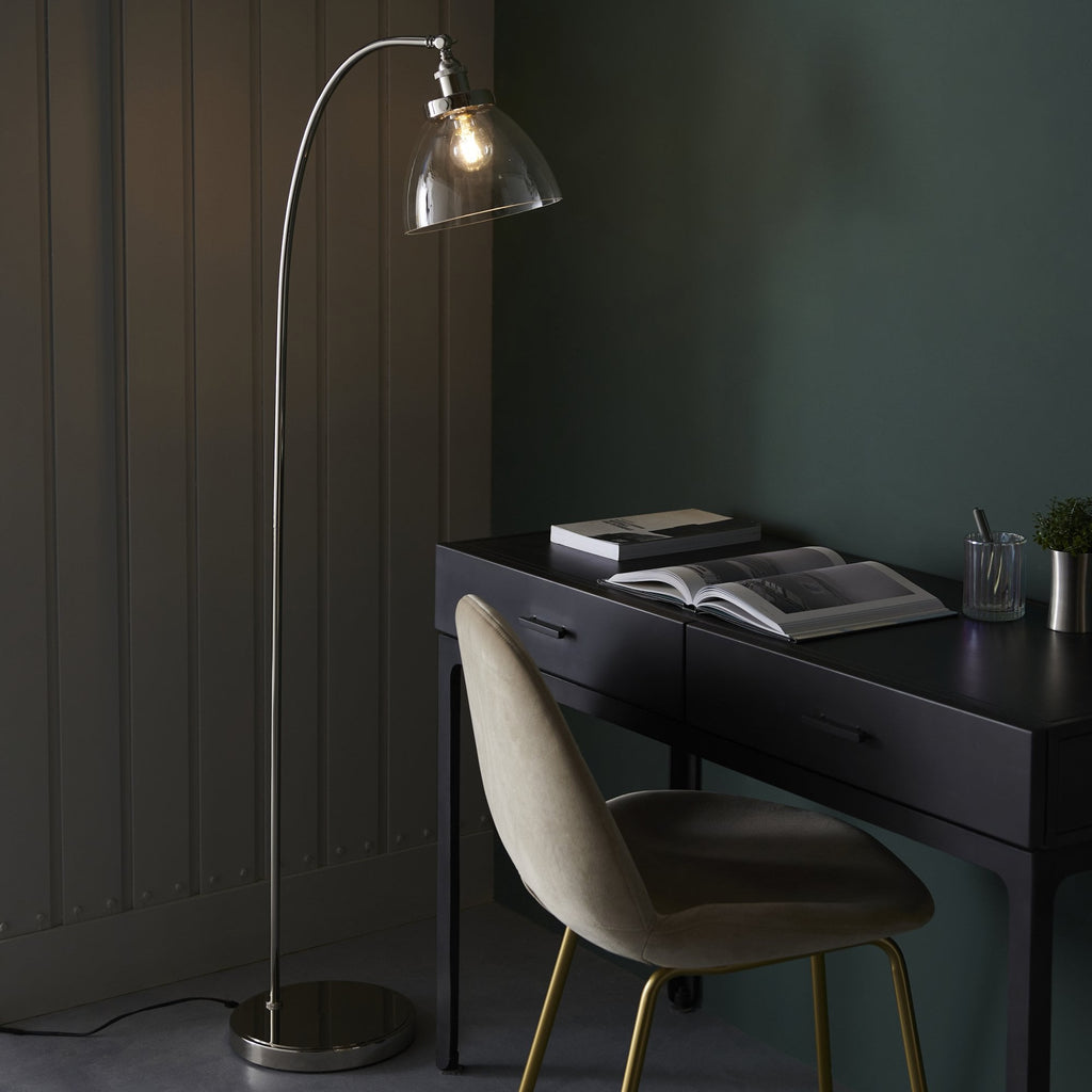 Hansen Retro Floor Lamp In Bright Nickel Finish With Clear Glass Shade 97591