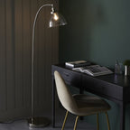 Hansen Retro Floor Lamp In Bright Nickel Finish With Clear Glass Shade 97591