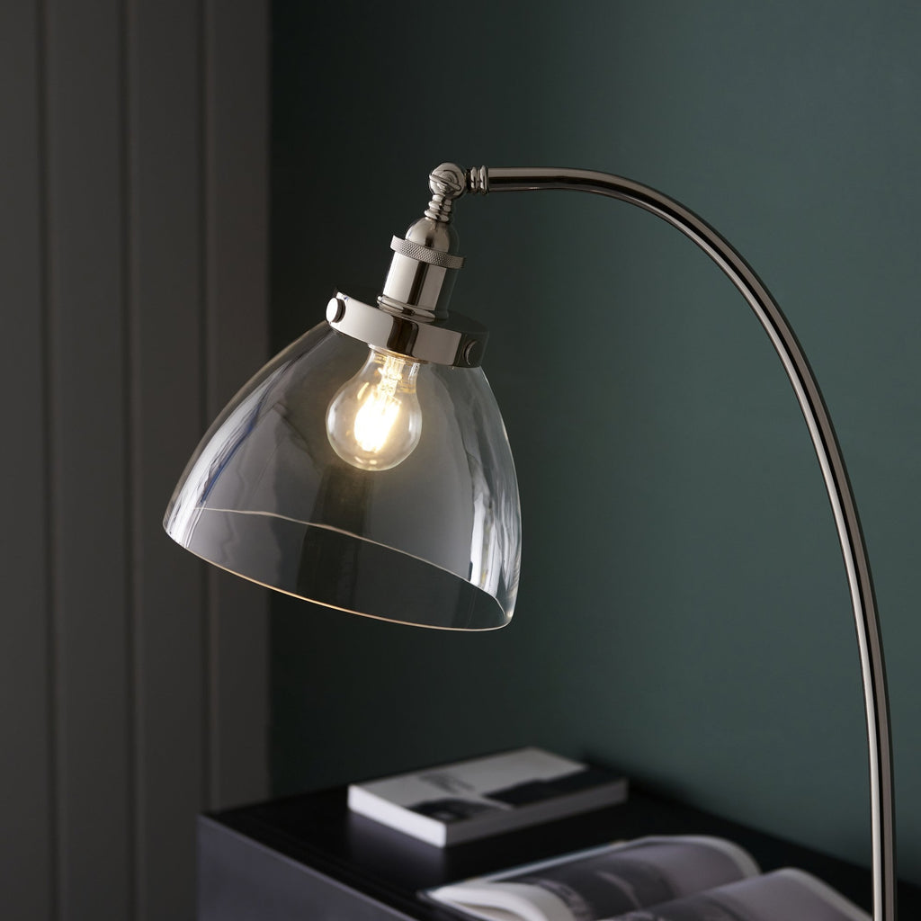 Hansen Retro Floor Lamp In Bright Nickel Finish With Clear Glass Shade 97591
