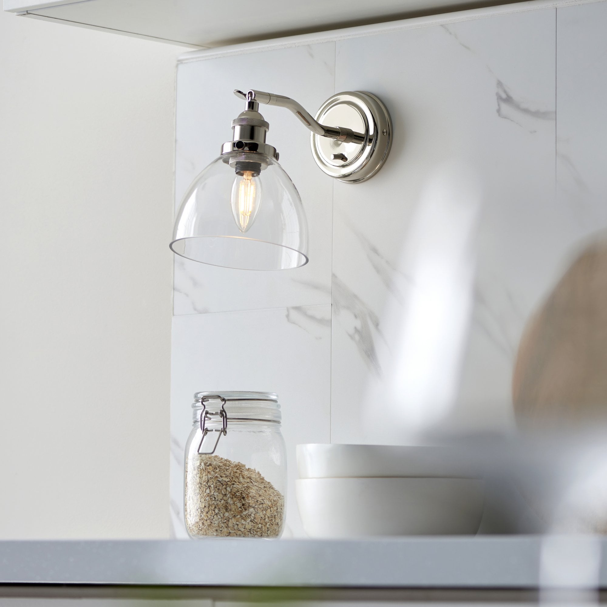 Hansen Retro Wall Light In Bright Nickel Finish With Clear Glass Shade 97589