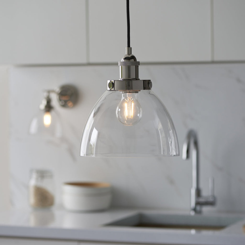 Hansen Retro Ceiling Pendant Light In Bright Nickel Finish With Clear Glass Shade 97588