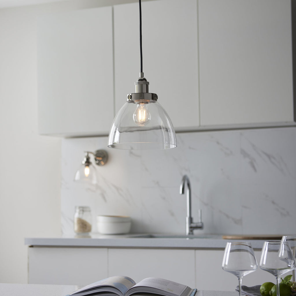 Hansen Retro Ceiling Pendant Light In Bright Nickel Finish With Clear Glass Shade 97588