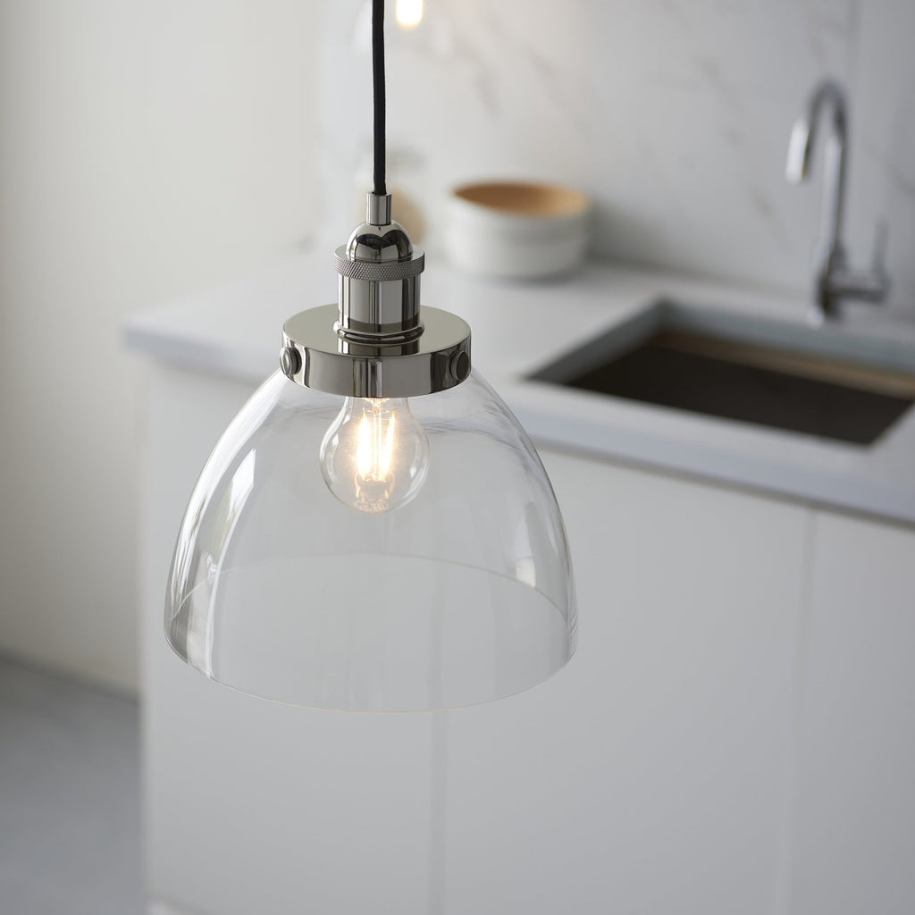 Hansen Retro Ceiling Pendant Light In Bright Nickel Finish With Clear Glass Shade 97588