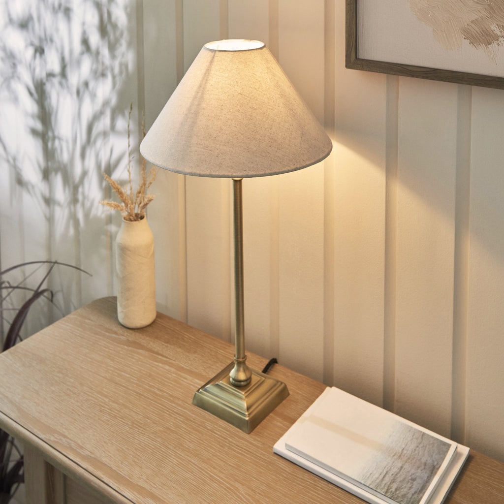 Lille Table Lamp In Antique Brass Finish With Natural Linen 31cm Shade 117829