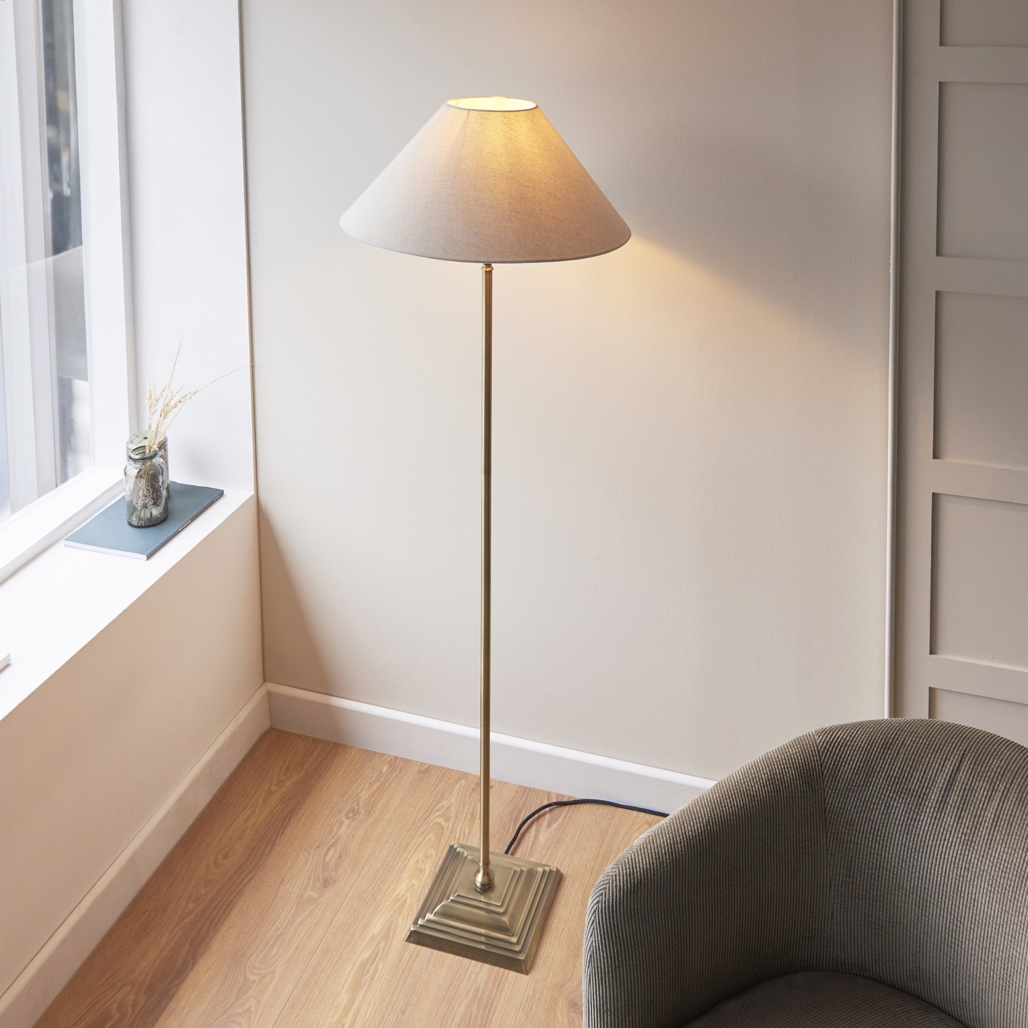 Lille Floor Lamp In Antique Brass Finish With Natural Linen Shade 117831