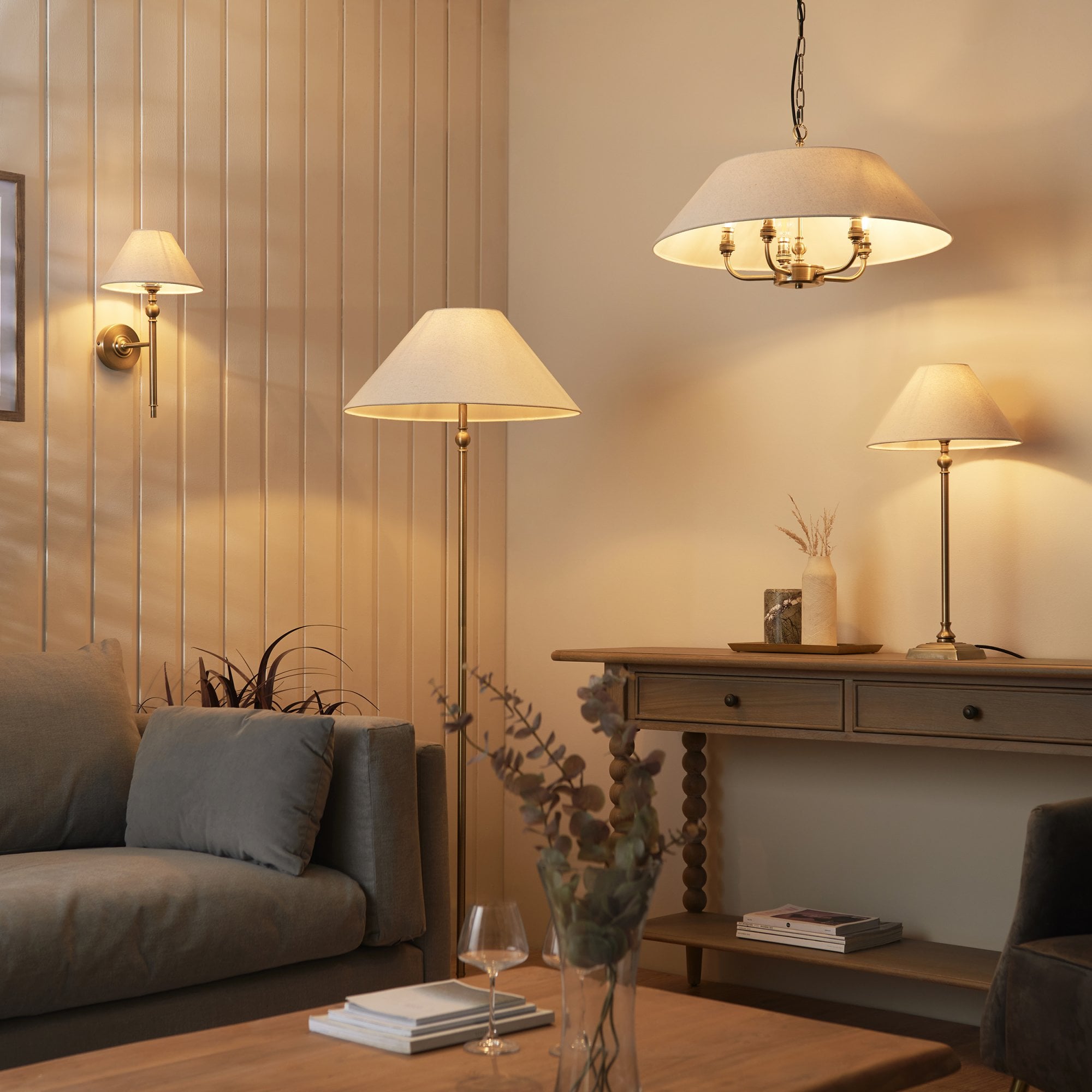 Lille Floor Lamp In Antique Brass Finish With Natural Linen Shade 117831